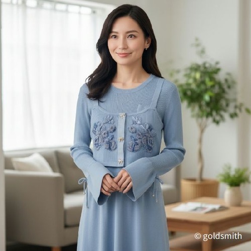 スーパービューティー ビスチェ ボレロ スパンコール刺繍 2421016 ブルー 2024年秋冬リブニット スナップボタン仕様 オーラボー Super Beauty 大人かわいい服 30代 40代 50代 60代