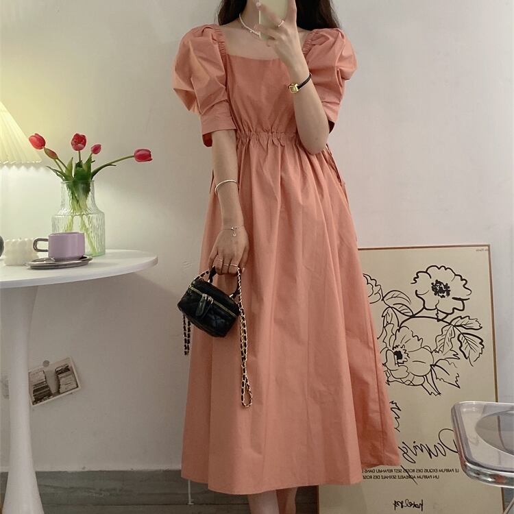 パフスリーブ ワンピース 半袖 スクエアネック プリンセスワンピ ウエスト切替 Aライン ドローコード 無地 かわいい ガーリー デート お出かけ A3410 Macaron