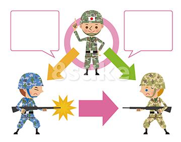 イラスト素材:集団的自衛権を行使した場合のイメージ図/吹き出しあり(ベクター・JPG)