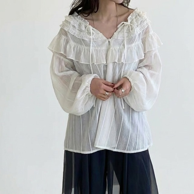 シアーフリル リボンネックブラウス　ch0466