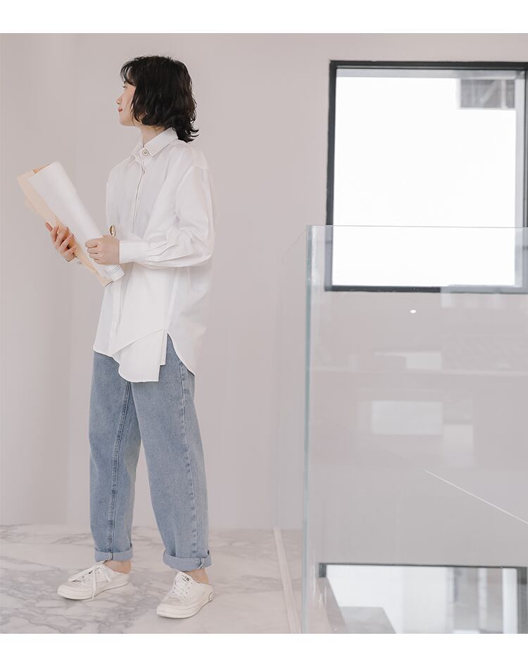 ホワイト 無地 シンプル アシンメトリーヘム 長袖 白シャツ ボタン