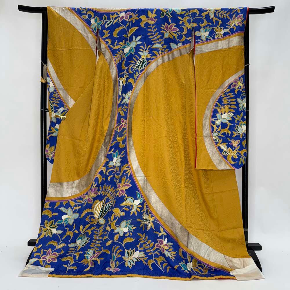 本振袖 引き振袖 正絹 青 花柄 古典 刺繍 結婚式 裄64.5cm Bランク 花嫁衣装 Mサイズ 4438