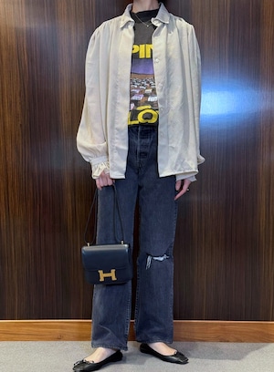 BL3-5 USED CHECK SHEER BLOUSE -BEIGE-