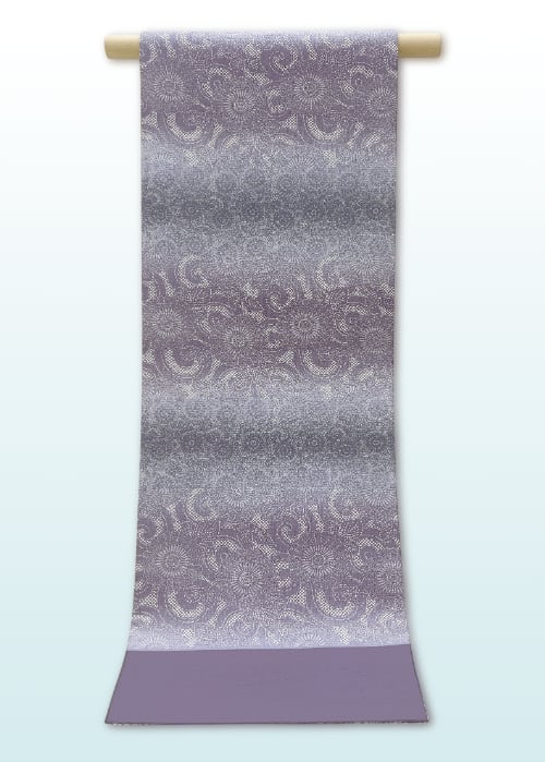 (袋)藤鼠半色地 人間国宝中村勇二郎彫刻 献上古代菊袋帯 LUOGO−054(リユース品)