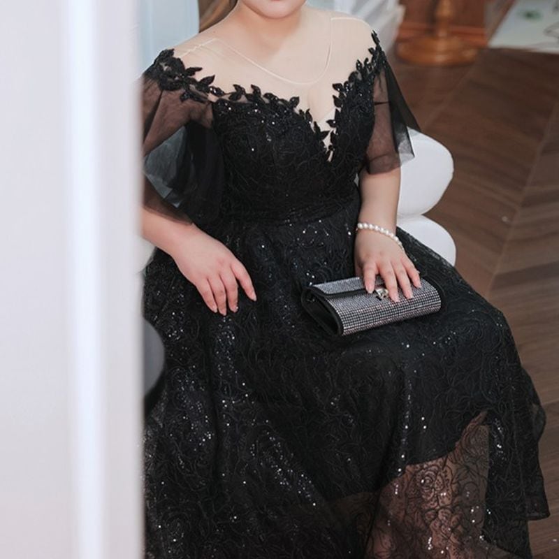 3XL〜7XL】スパンコールオーガンジーミディ丈ドレス D1613 | 演奏会