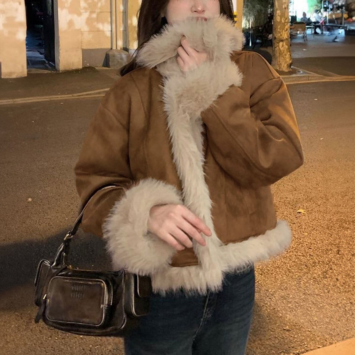 ムートン ジャケット ファー スエード レディース 長袖 秋冬 韓国 アウター 防寒 保温 暖かい おしゃれ 大人 カジュアル 通勤 通学 ショート丈 フェイクムートン ブルゾン 大人可愛い 大人女子