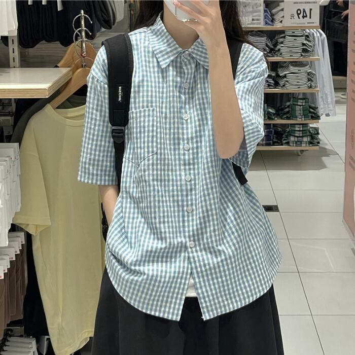 スタイルスタンダードシャツ サマールーズ格子柄トップス レトロ 夏物 ケッペル37928981604