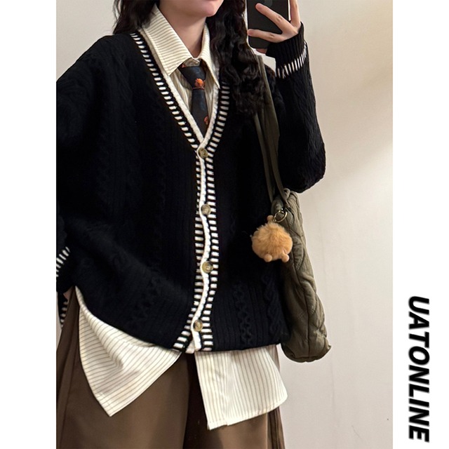 【UATONLINEシリーズ】★カーディガン★ 3color セーター ニットトップス 配色 ユニセックス 配色 Vネック