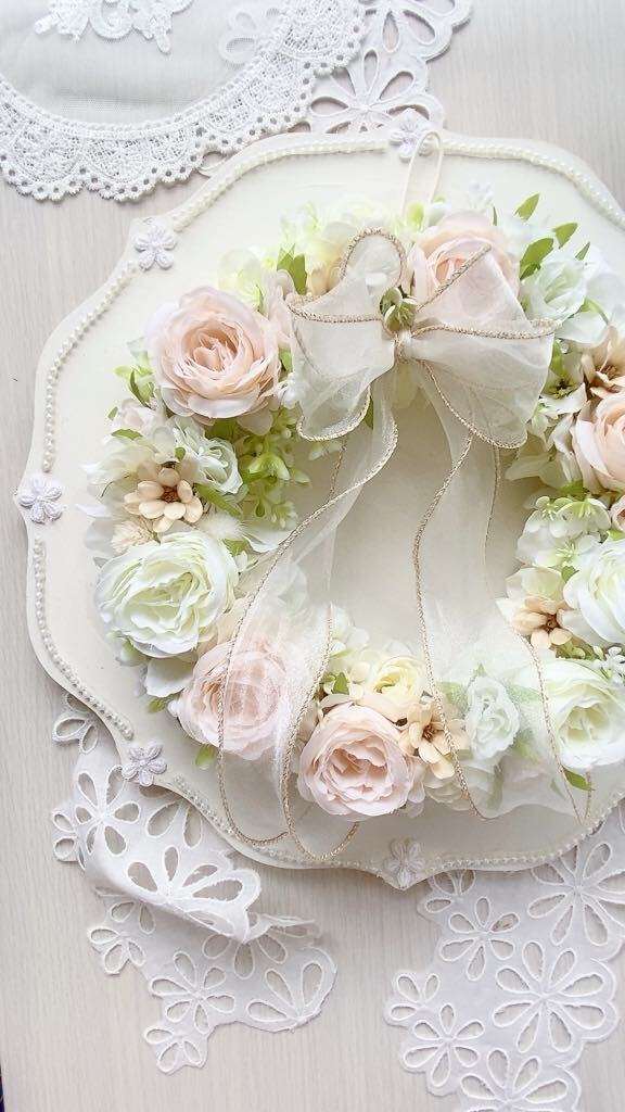 【WR-001】【ふんわり優しい彩りのラウンドリース】パステルピンク×ホワイト/壁掛け/インテリア/贈り物におすすめ