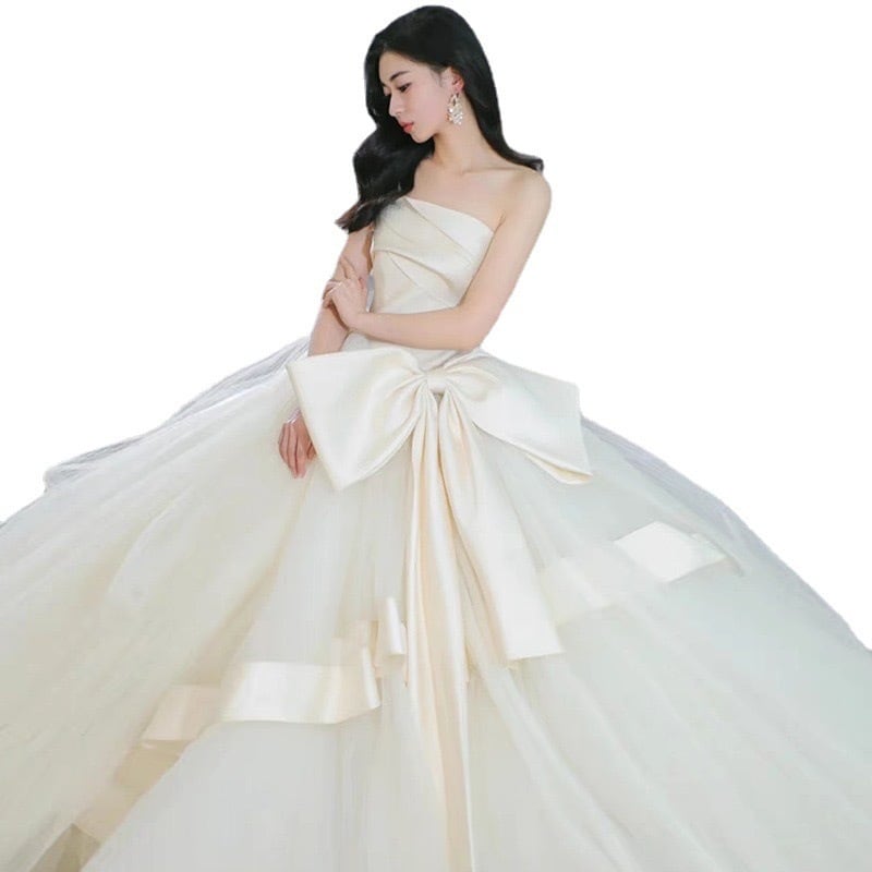 エレガントリボン付きボリュームウェディングドレス ワンピース ロング