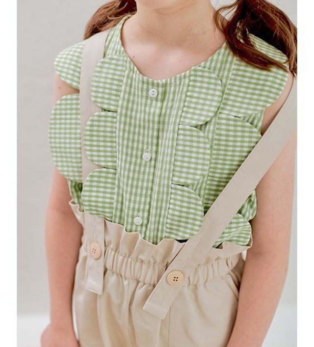 スカラップ切替ノースリーブブラウス〈Green check〉