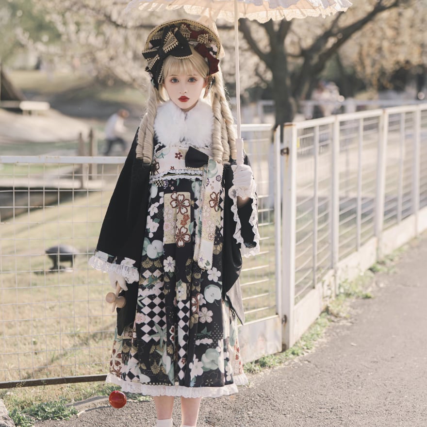 SEASONZ 1点のみ 国内発送 ファッション 和ロリ 着物 振袖 柄物 和装 2点 フルセット ジャンパースカート リボン カチューシャ 花柄 ブラック 大正浪漫