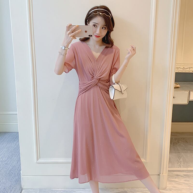 【新作】【送料無料】 マタニティウェア2020夏の新しいニットクロスVネックドレス、トレンディなママミドルレングス産後母乳育児ドレス-アリババ サマー 夏物 expec225111076907