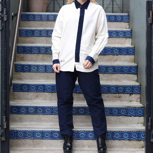 FRENCH ANTIQUE LINEN REMAKE AIZOME FABRIC LINEN CLERIC SHIRT/フランスアンティークリネン×藍染リネンクレリックシャツ(メンズ)