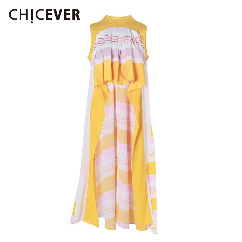 CHICEVERアシンメトリーシャツレディーススタンドカラーノースリーブパッチワークヒットカラールーズブラウス2021サマータイド 夏物 6base544461850580