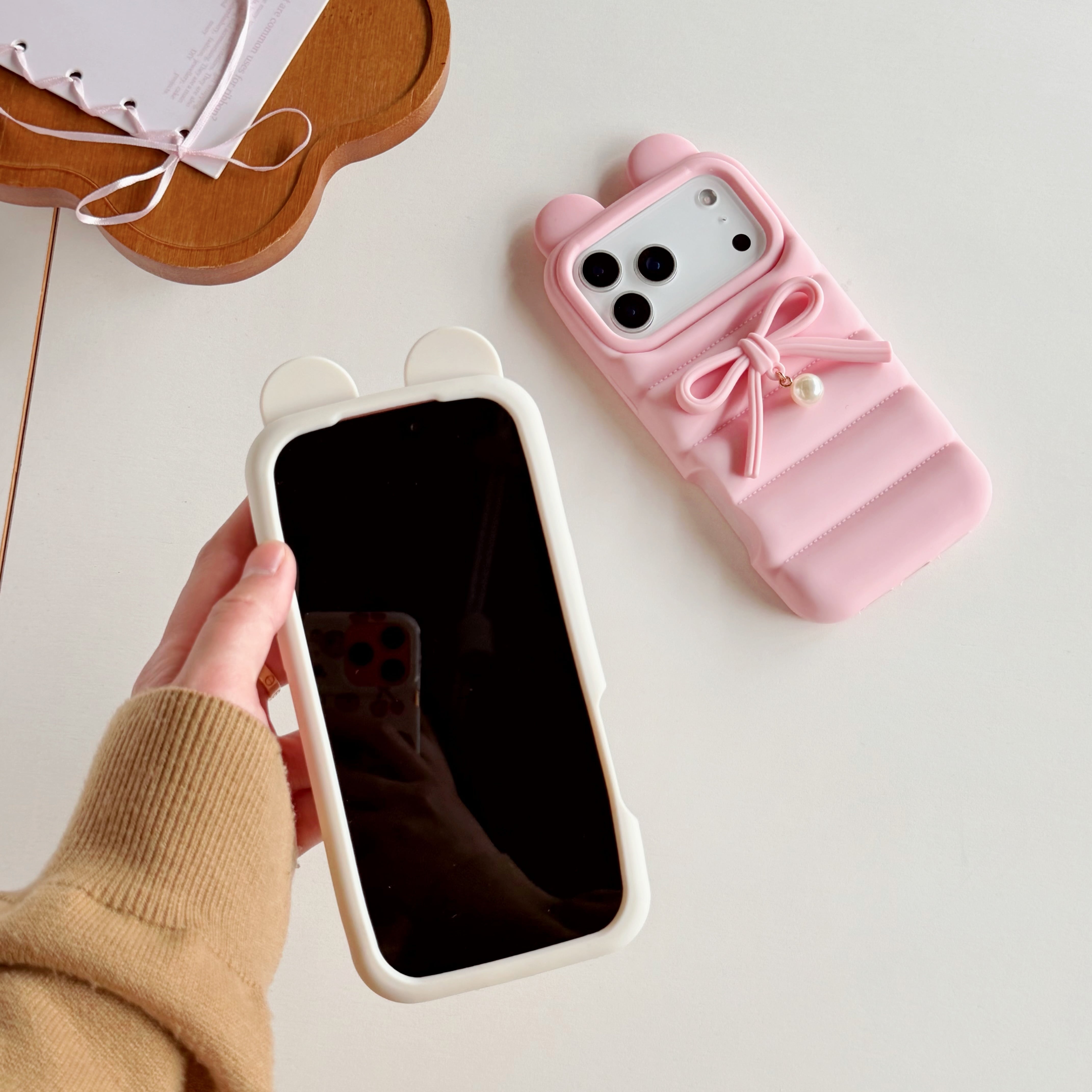 パール付き リボン iPhone 17 16 15 14 13 ケース シリコン かわいい