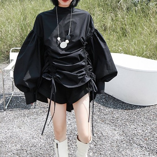 ブラウス シャツブラウス トップス レディース パフスリーブ 長袖 シャツ アシンメトリー 無地 コットン 綿 カジュアル ボリューム袖 ブラウス ハイネック レディース シャツワンピース シャツ