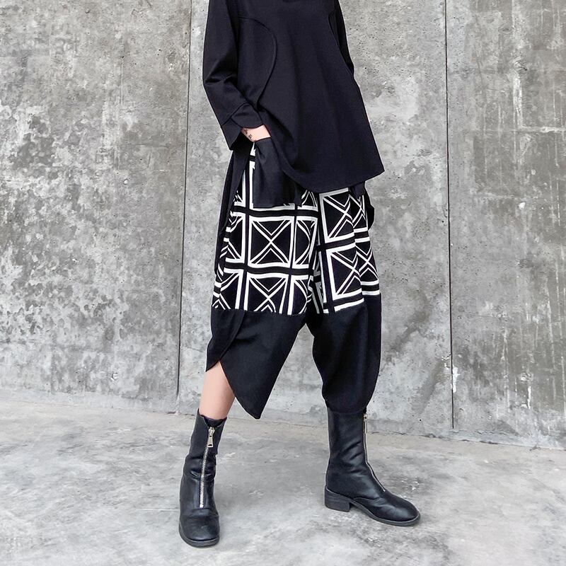 ブラックカジュアルパンツ サマー薄手プリントクロップドハイウェストウェストスリム 夏物 ラブタオタオダレンハウス99115558741