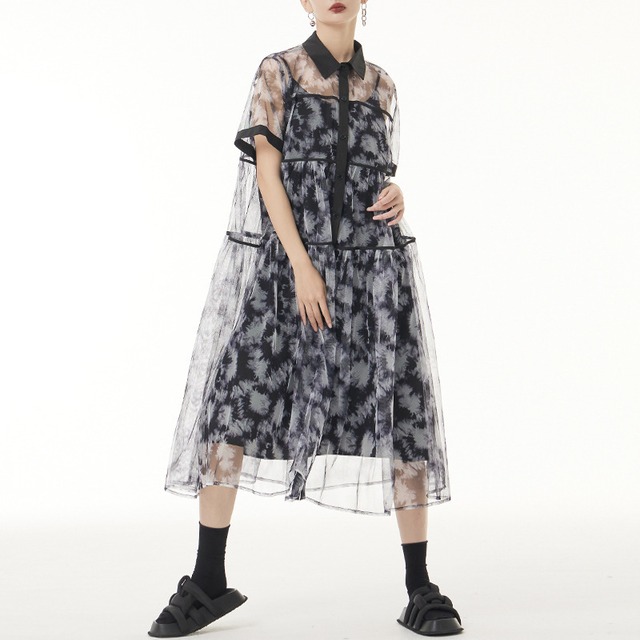 チュールワンピース キャミソールセット 個性派ワンピース 柄シャツワンピース