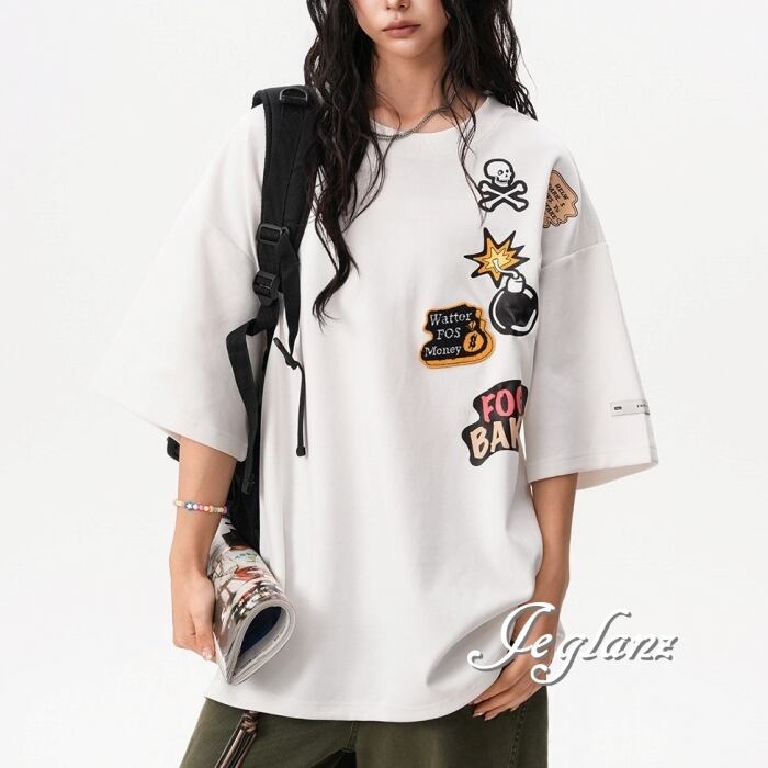 2色 バッジ風 プリント Tシャツ ヴィンテージ ユニセックス (MC577)β