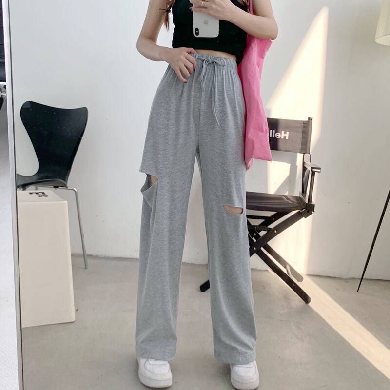 グレーパンツ サマー薄手ハイウェストルーズカジュアル 夏物 スーパーモール1306917027