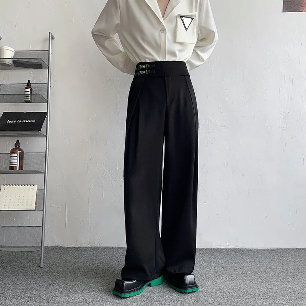 ブラック ワイドパンツ シンプル バギー ロング カジュアル 韓国 メンズファッショナブルな黒のスーツパンツ,韓国のカジュアルな