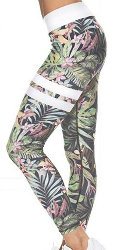 Whizzy Fitness Gear】 ライン入りフラワープリントレギンス