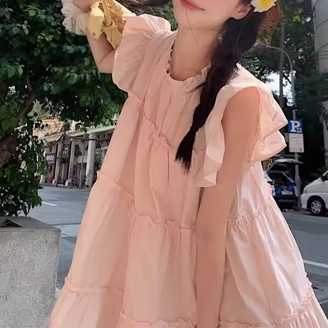 フリルフレンチスリーブティアードワンピース