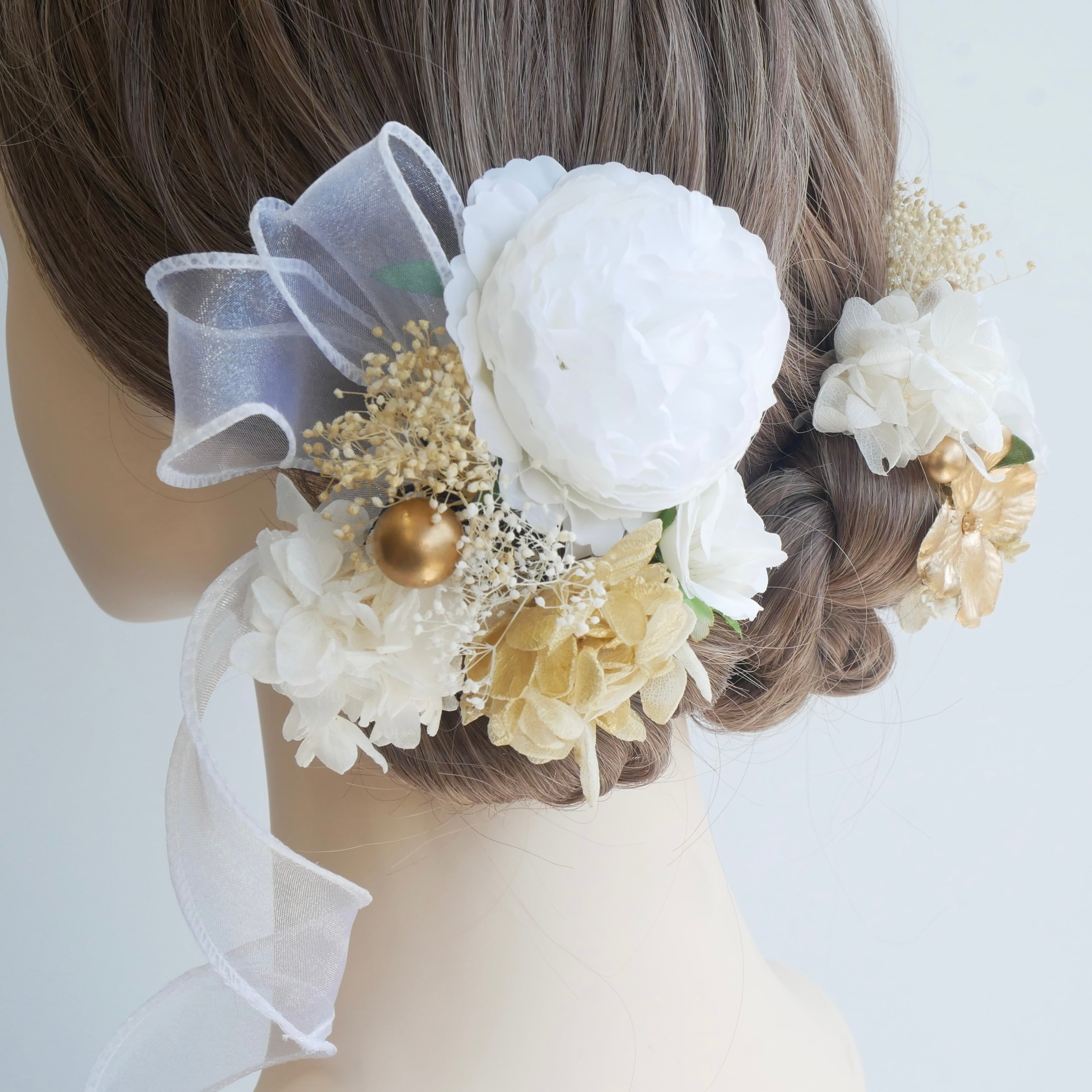 A233 白ゴールド ツイン ローズ ドライフラワー髪飾り リボン 卒業式 袴 成人式 振袖 結婚式