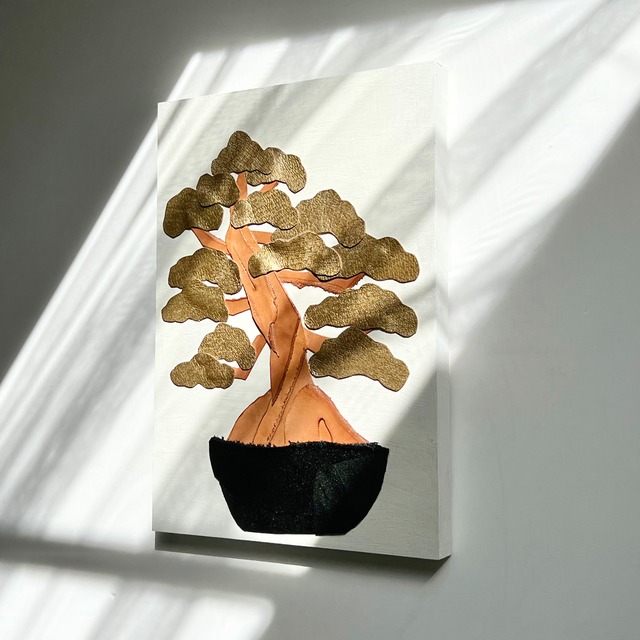 Leather collage art (bonsai) A4 size wooden panel