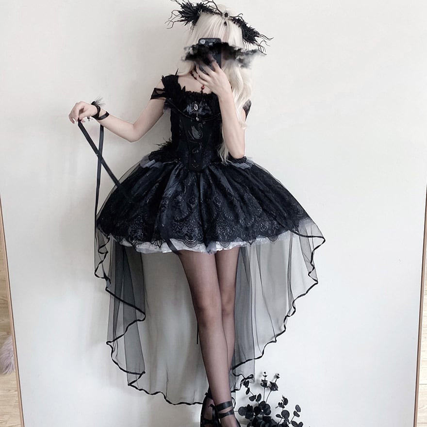 ゴスロリ ワンピース スワン×フェザー×ヘッドドレス付き 黒｜WithU