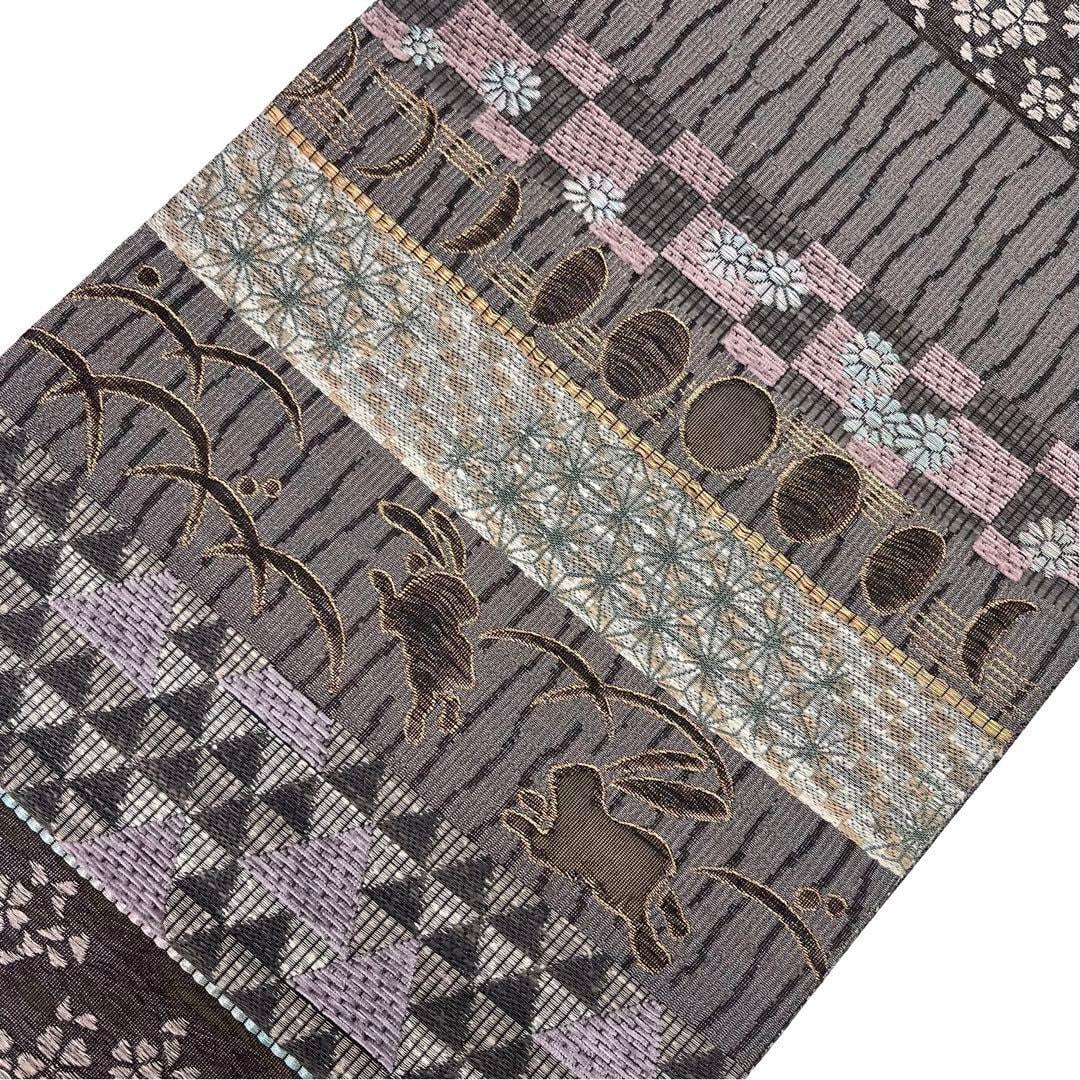 袋帯 モール織 月満ち欠けに兎 花模様 鱗 芝 格子 ガード加工 O-3832  