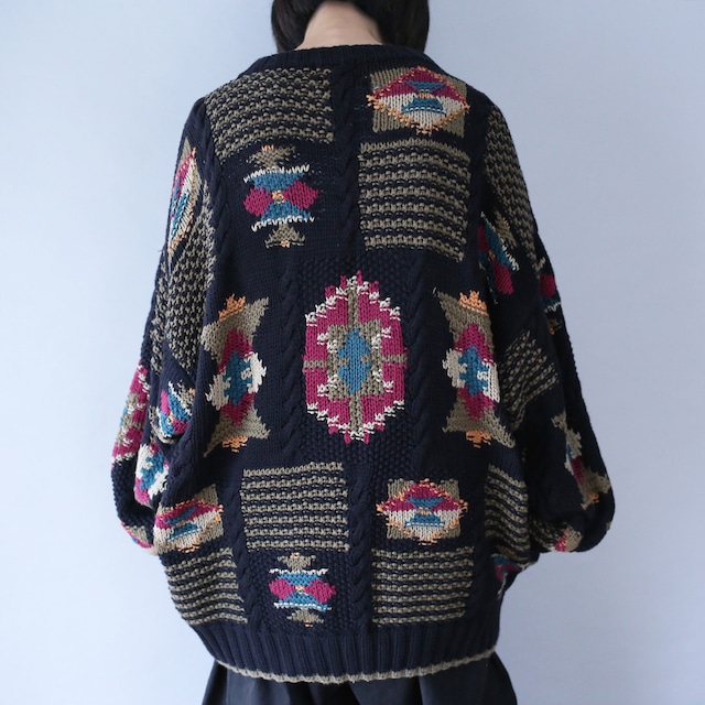 black base art pattern over silhouette cotton knit sweater