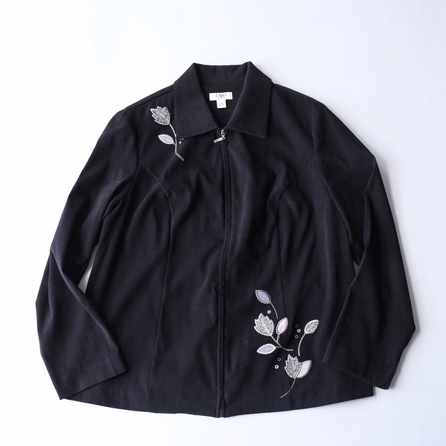 flower embroidery patchwork fake suede zip-up jacket