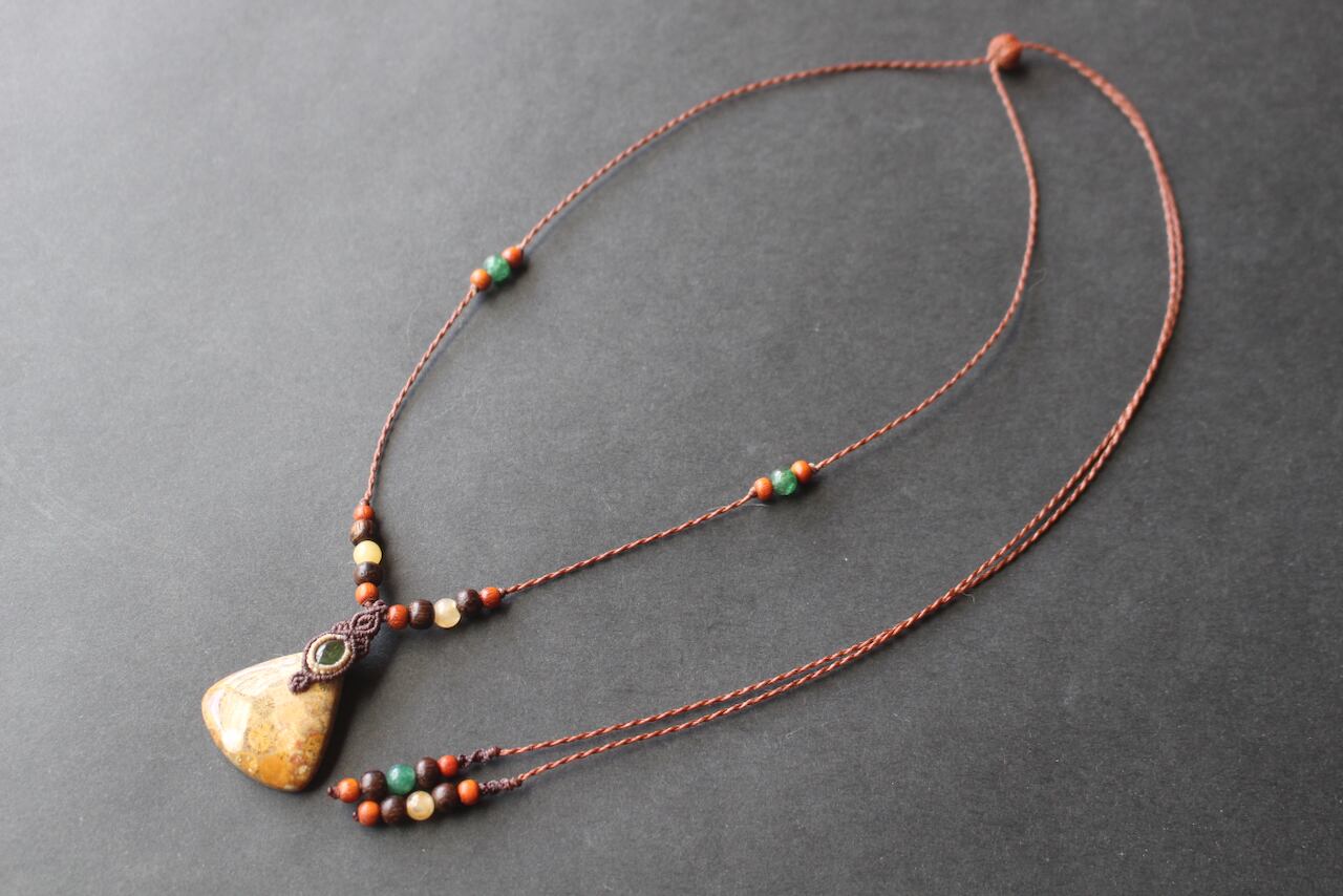 Fossil Coral & Green Tourmaline micro macrame woody pendant