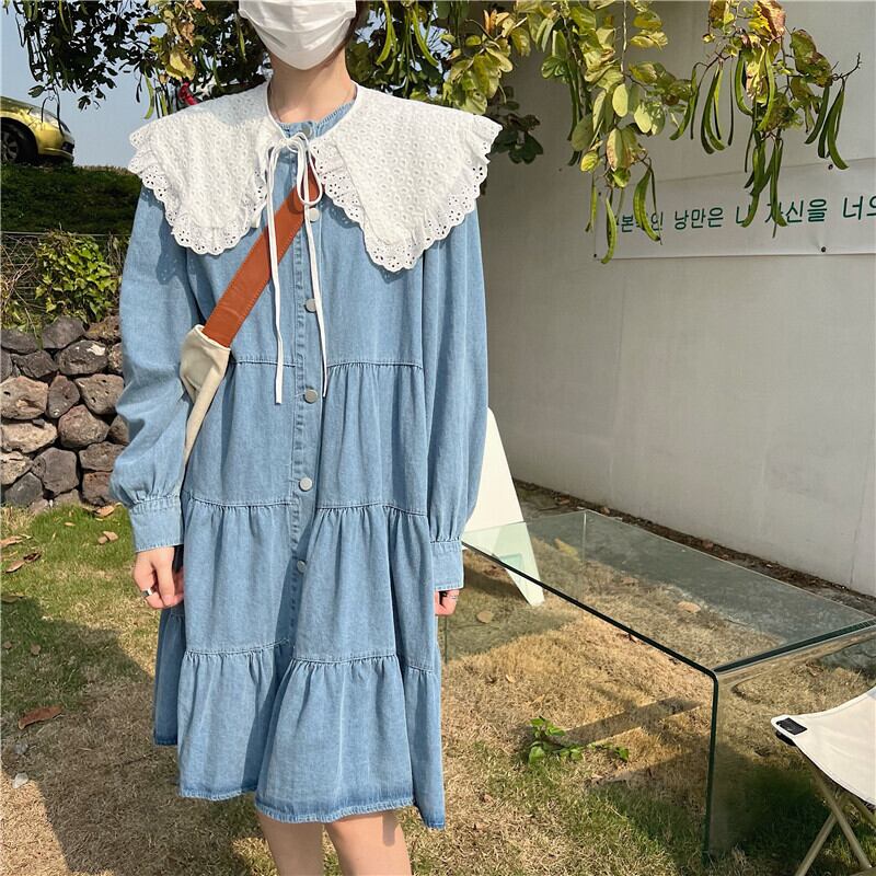 ワンピース レディース デニムワンピース 膝丈 ひざ丈 袖あり 長袖 付け襟 ティアード デニム かわいい 大人可愛い シンプル カジュアル フェミニン おしゃれ おとな ナチュラル こなれ感 ガーリー レトロ 抜け感 無地 学生 通学 デート お出かけ 女子会 休日 旅行 カフェ巡り 街歩き M L XL 2XL 3XL 4XL 大きいサイズ プラスサイズ ブルー 青 春 夏 秋 10代 20代 30代 40代 ママ 女性用 韓国 韓国系 着回し 普段使い 体型カバー 楽ちん プチプラ モテ 送料無料