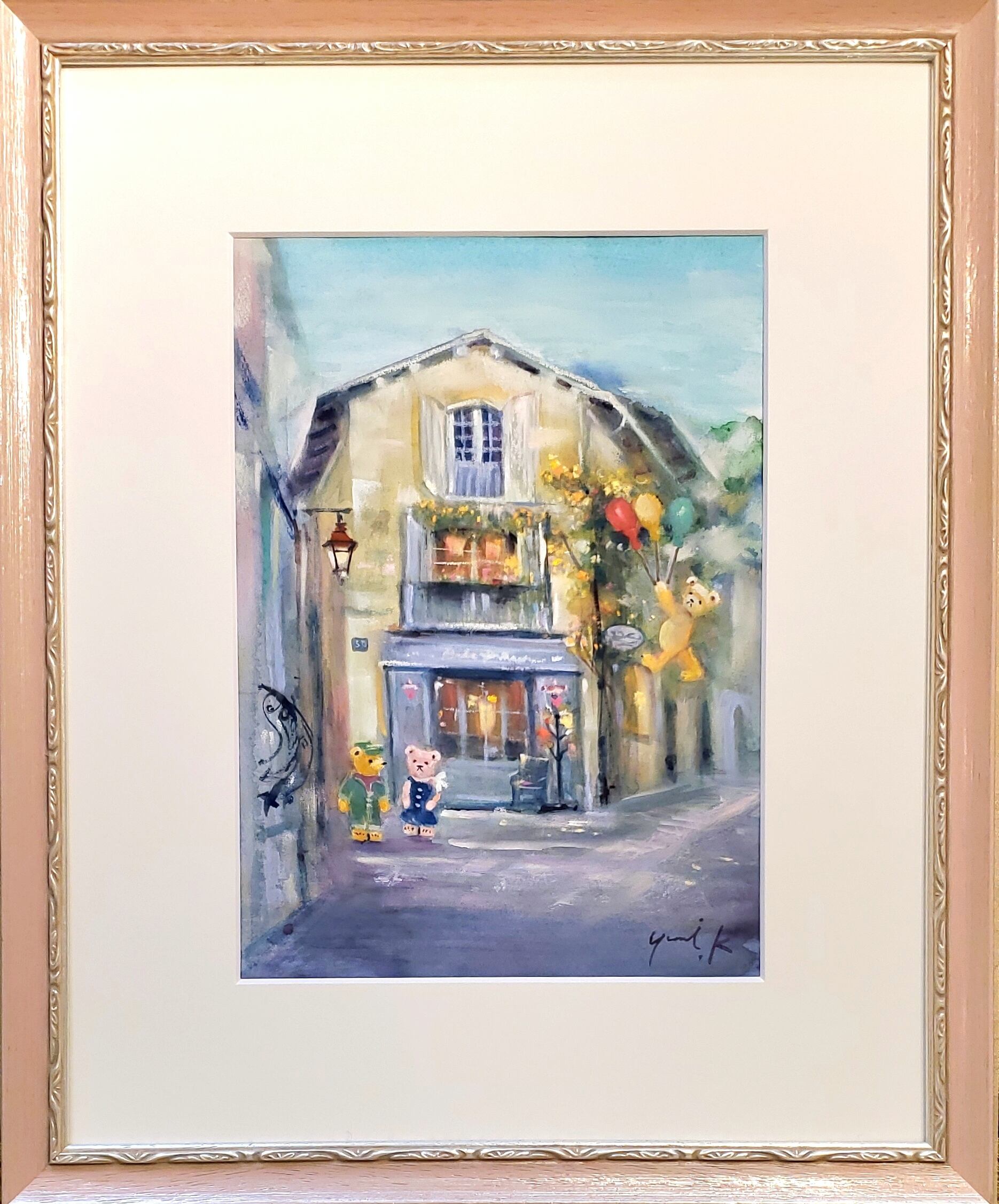 絵画 ｢クマ達の黄花藤の咲くお店｣ F4 水彩/パステル 額付き Yumi