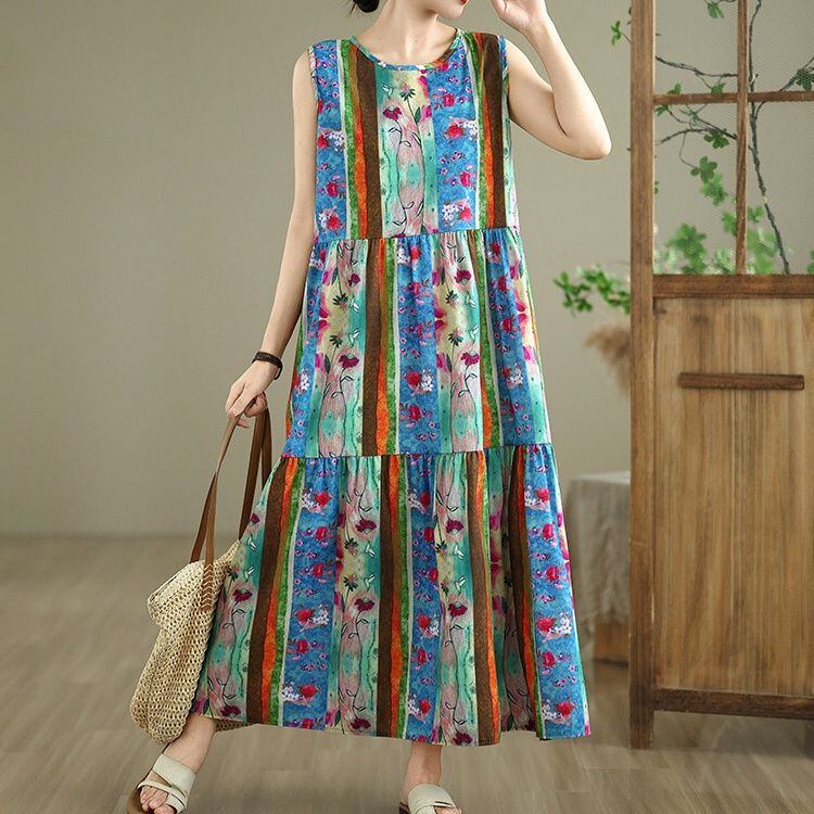 PRINT TIERED SLEEVELESS LOOSE MAXI DRESS M-18036