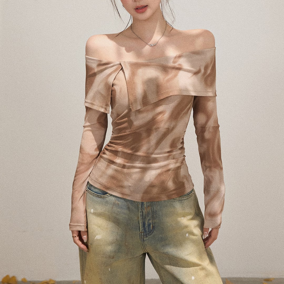 ニュアンスプリントオフショルダーフィットトップス A53