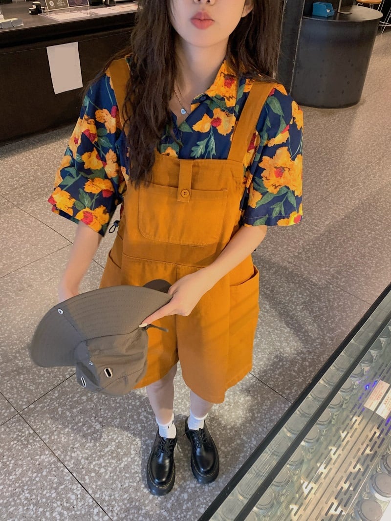 セットアップ ショート丈 サロペット 花柄 シャツ 2点セット トップス