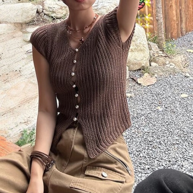 パールボタン半袖ニットカットソー