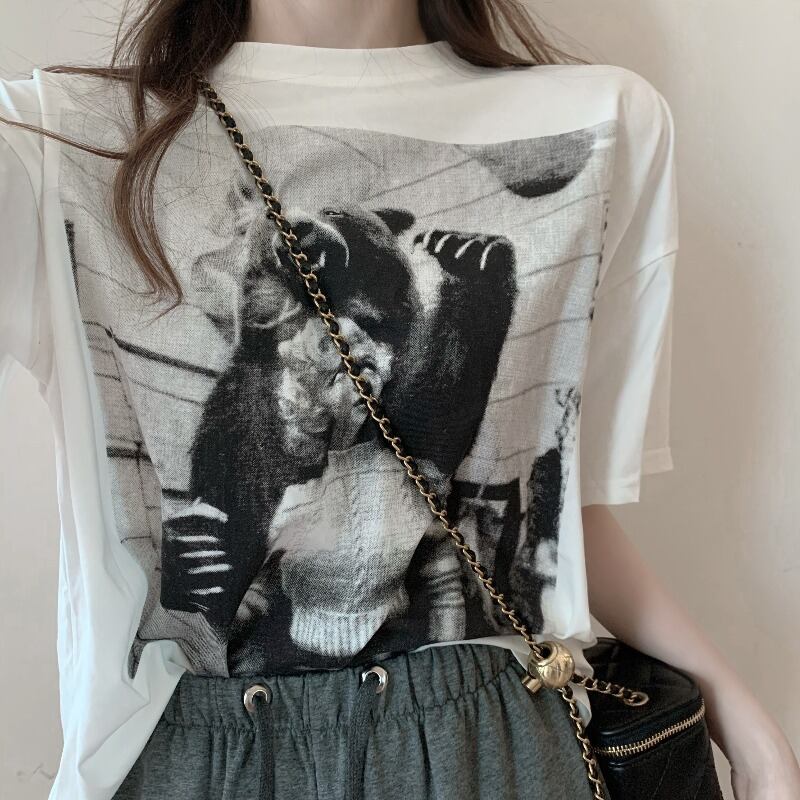 Tシャツ シャツ プリントルーズトップス スプリングホワイト 春物 ブラックストロベリース37963588555