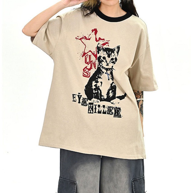 グランジキャットグラフィックレタリングTシャツ 2col   R02393