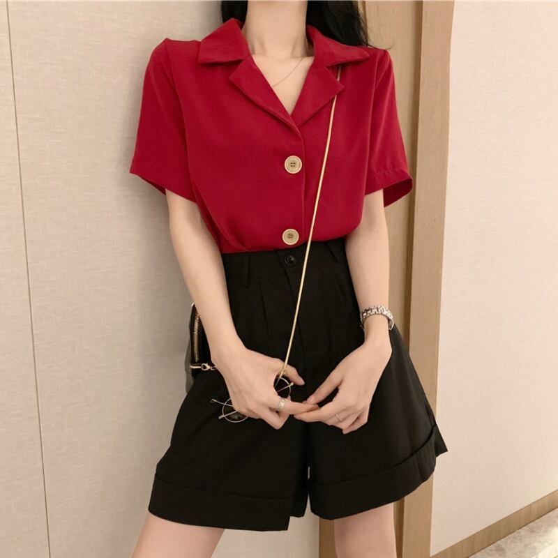 気質の女神ファンの服スーツ新しい女性の夏のスーツの襟のシャツハイウエスト細いワイドレッグカジュアルショーツ 1号婦人33575506644