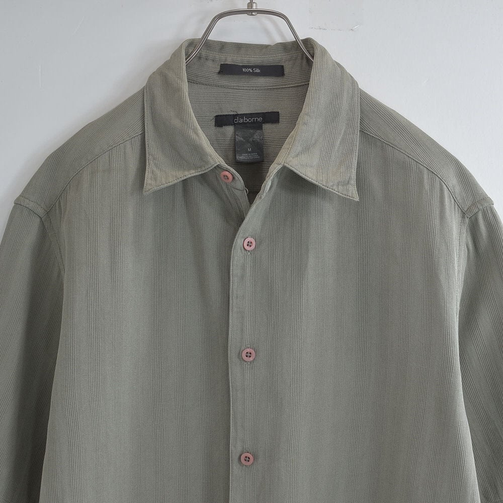 00s~ claiborne クレイボーン ヘリンボーン&シャドーストライプ シルクシャツ 半袖 ヴィンテージ 絹 ボックス ビンテージ USA アメリカ古着 メンズL相当