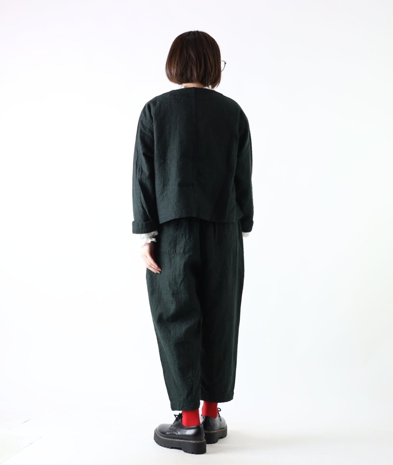 SO/リネンコットン ダブルブレストノーカラージャケット