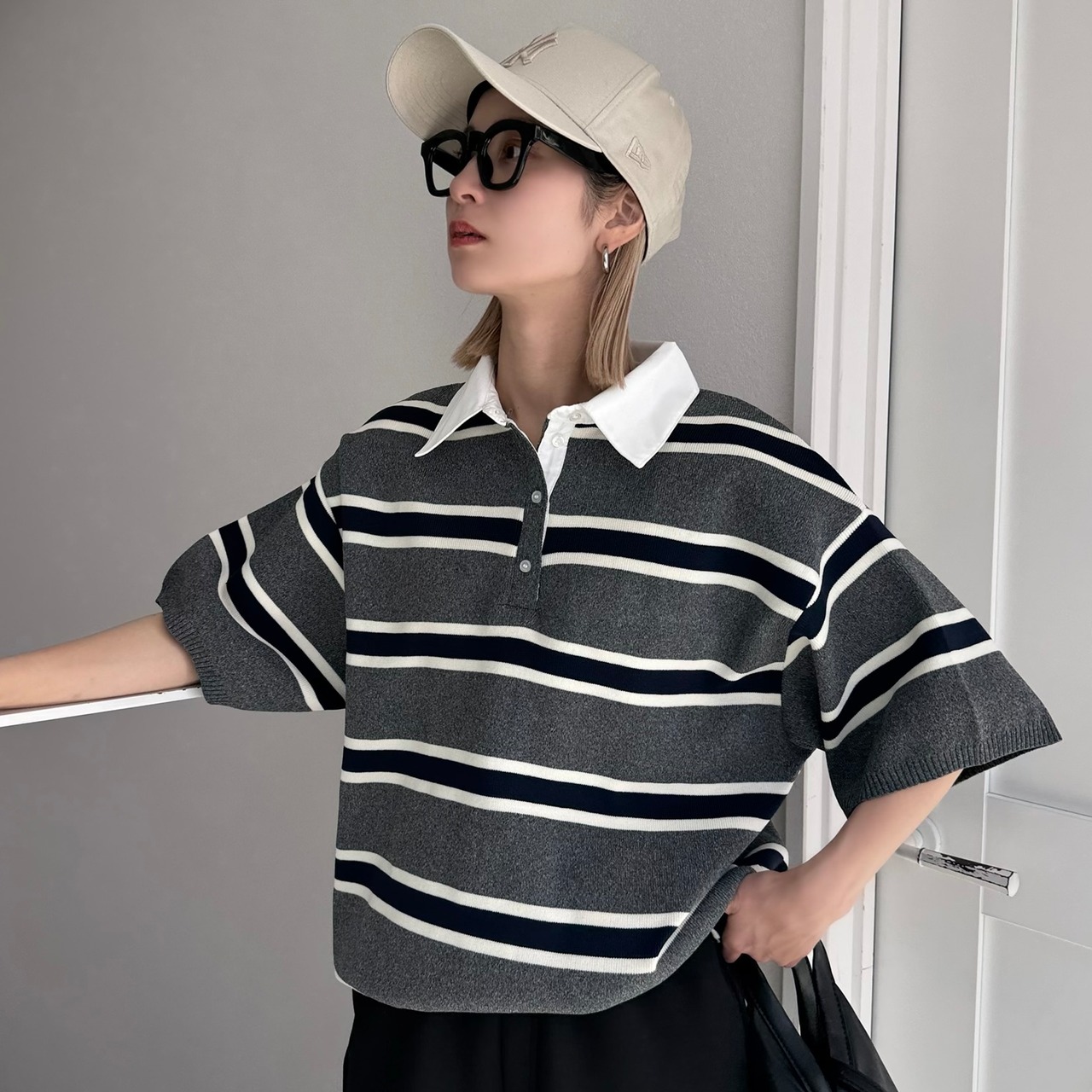 襟付半袖シャツknit/ボーダー