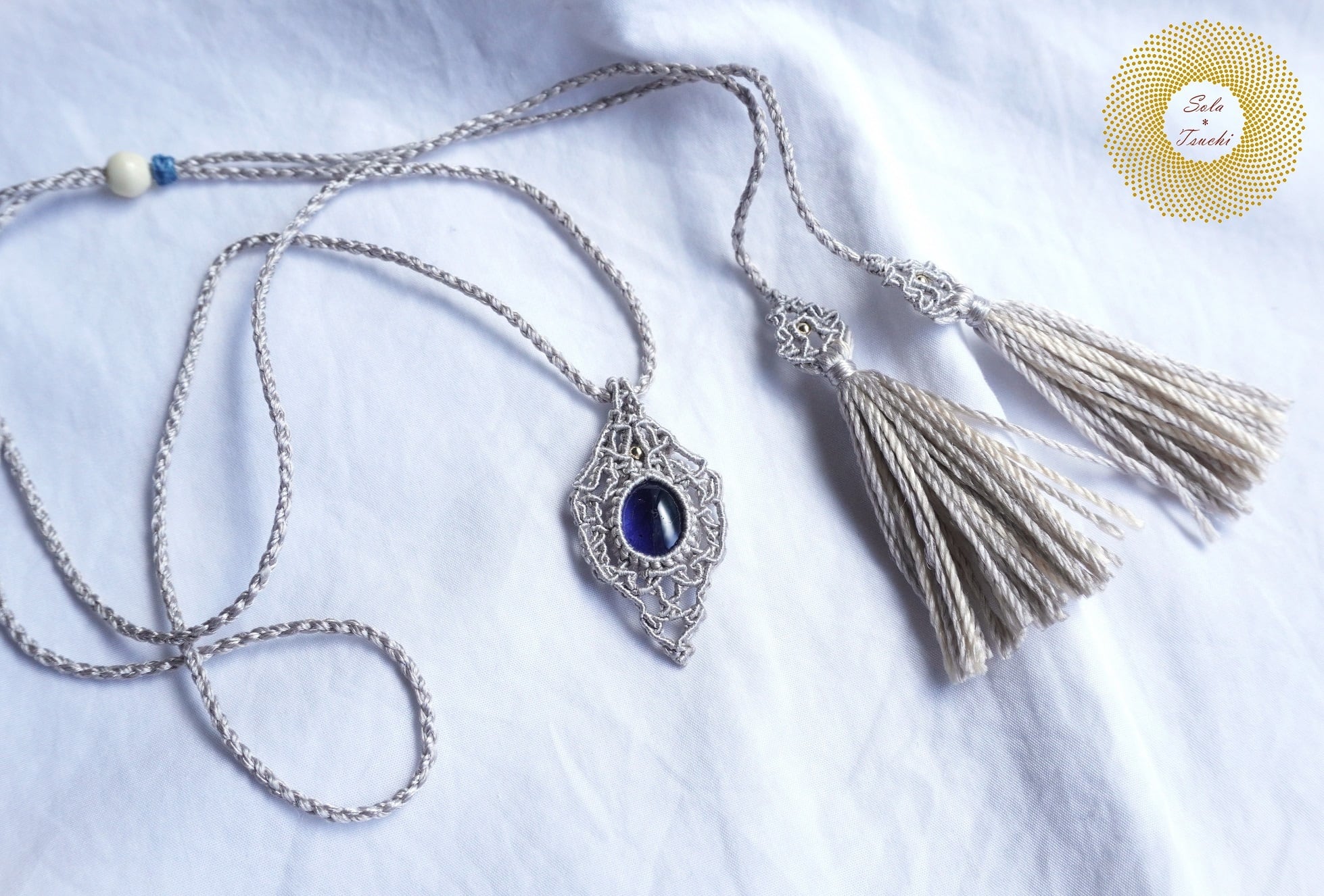 絹糸） アイオライトのマクラメ編みペンダント 〜Tag〜 | Sola*Tsuchi