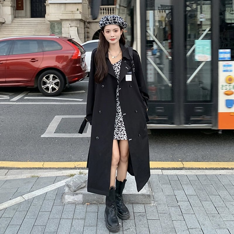 黒トレンチコートミドル丈婦人服2022春先新スタイルルーズダブル