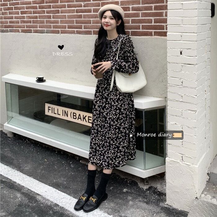 スタンダードフローラルドレス オータムウィンタースカート ロングAライン レトロ 秋物 冬物 花柄 モンロー44815039082